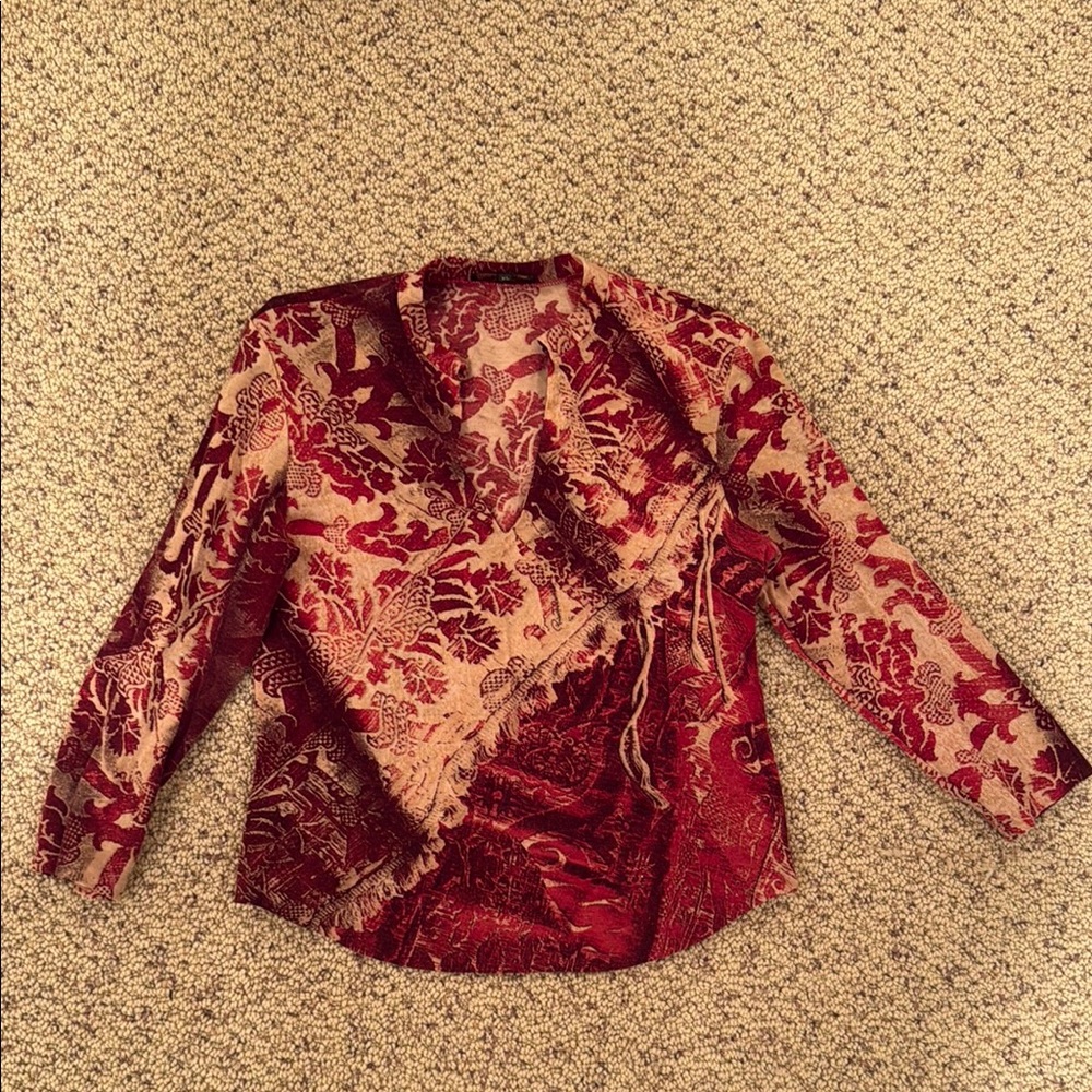 Roberto Cavalli Red Patterned long sleeve V-Neck Top size XL